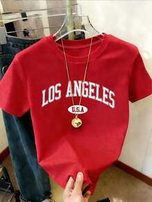 Women's Short-Sleeved Letter Print T-Shirt, Women's Graphic Blouses - 黑色 - 查看 5