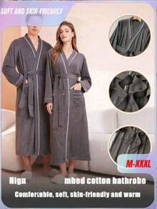 High Density 100% Cotton Bathrobe, Unisex | Absorbent & Quick Drying, Skin-Friendly & Warm, Suitable For All Seasons, Available In Plus Size - Dark Grey - View 2