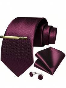 Men's Burgundy Tie Set - Includes Pocket Square, Cufflinks And Gold Tie Clip, Soft Formal Tie Suitable For Spring Events,Festival,Graduation Gift - Redwood - View 1