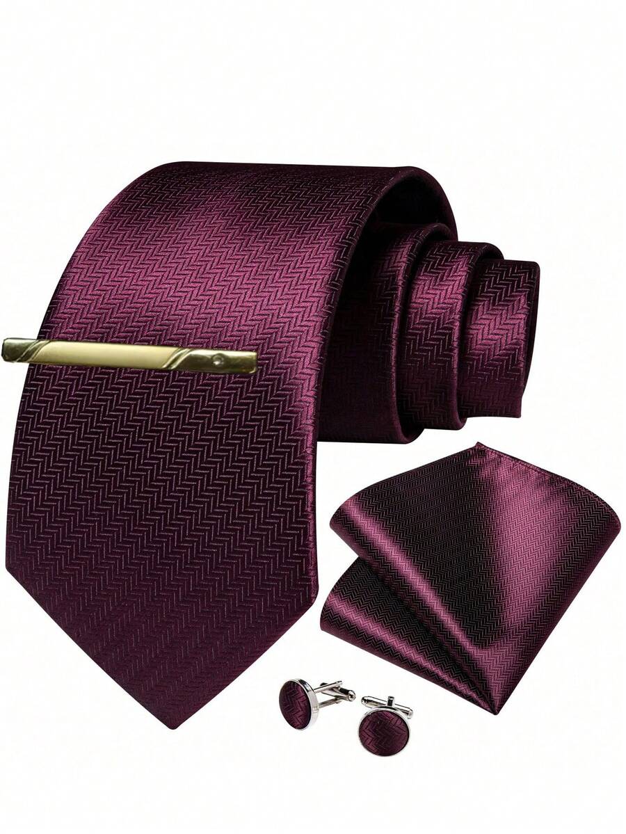 Men's Burgundy Tie Set - Includes Pocket Square, Cufflinks And Gold Tie Clip, Soft Formal Tie Suitable For Spring Events,Festival,Graduation Gift - Redwood - View 1