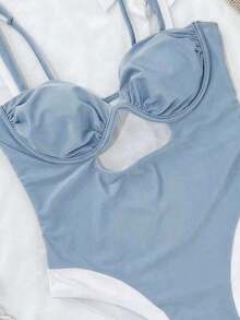 Traje de baño de una pieza con bloques de color para mujer.El contraste de color sexy favorece la figura, perfecto para vacaciones en la playa y atuendos casuales.Negro verano - Azul - Ver 4