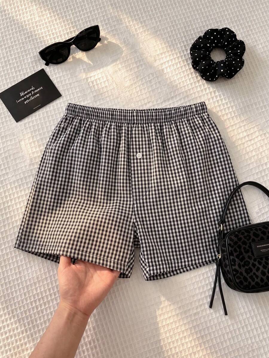 Summer Versatile Plaid Shorts, Elastic Waist Single-Breasted Comfortable Breathable Casual Pants - Black - View 1