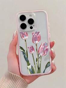 Fashionable Luxury Glossy Tulip Pattern Contrast Color Shockproof Cute Phone Case, Minimalist Transparent Cover Perfectly Fits Daily Use, Compatible With IPhone 16/16 Pro/16 Pro Max/16 Plus/15/15 Plus/15 Pro/15 Pro Max/17/17 Pro/17 Pro Max/12/13 Mini/ 13/13 Pro Max/11/11 Pro Max/12 Pro Max Transparent Soft Shell, Exquisite Gift For Friends, Classmates, Lovers Or Self-Use - Pink - View 2