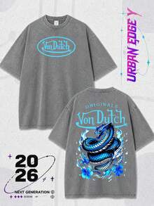 Men Gray Washed Streetwear Brand Vintage Oversized T Shirt With Vons Dutchs Text And Blue Dragon Print For Casual Wear Outfits | Front And Back Print | Retro Heavyweight Tee | Perfect Gift | Loose Comfortable Breathable | Machine Washable Fabric | Hip Hop Cool Style | Drippy Clothes | Y2K Fashion - Xám - Xem 1