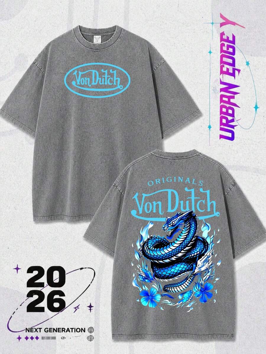 Men Gray Washed Streetwear Brand Vintage Oversized T Shirt With Vons Dutchs Text And Blue Dragon Print For Casual Wear Outfits | Front And Back Print | Retro Heavyweight Tee | Perfect Gift | Loose Comfortable Breathable | Machine Washable Fabric | Hip Hop Cool Style | Drippy Clothes | Y2K Fashion - Xám - Xem 1