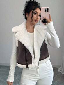 Chaqueta holgada de forro polar con solapa marrón para mujer - Café integral - Ver 9