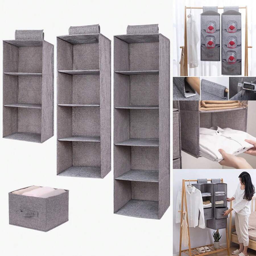 Bolsa de Almacenamiento Colgante de Lino y Algodón, Organizador de Armario Estilo Cajón, Caja Organizadora de Ropa, Estante de Almacenamiento Colgante Plegable - Beige de 3 capas - Ver 1