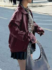 Chaqueta informal, suelta y de manga larga para mujer, estilo motorista edgy, para otoño/invierno - Burdeos - Ver 6
