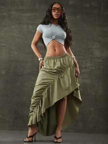 Asymmetrical Hem Adjustable Drawstring Skirt Fashionable Streetwear - Olive Green - View 7