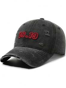 1pc 10.19 Embroidered Baseball Cap, Unisex Washed Style Hat, Fashionable Retro Sun Hat, Adjustable Outdoor Sunshade Cap, Y2K Style Distressed Curved Brim - Multicolor - View 2
