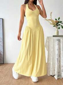 Vestido con cuello en V profundo francés, espalda descubierta, cintura con lazo y plisado, sexy - Amarillo - Ver 4