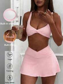 WBKV Conjunto de 2 piezas de mujer de verano amarillo, estilo deportivo y casual, sexy, con camiseta de tirantes y falda de cintura alta con forro de pantalón corto, adecuado para correr, hacer ejercicio, yoga, gimnasio - Rosa - Ver 6