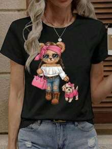 Camiseta Casual de Manga Corta para Mujer, Color Negro, con Cuello Redondo y Estampado Gráfico de Osos y Perros, Corte Regular, Top de Poliéster para Moda de Otoño - Negro - Ver 10