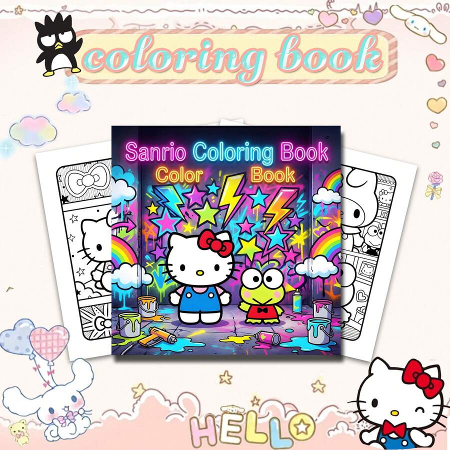 SANRIO 1 本可爱的三丽鸥涂色书，适合成人和青少年，可爱又舒适。24 页可爱的三丽鸥角色场景线稿，是放松身心、缓解压力的完美涂色工具。