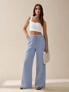Pantalones largos de rayas con cintura de cordón para uso diario, atuendos de mujer de verano casuales - Azul - Ver 6