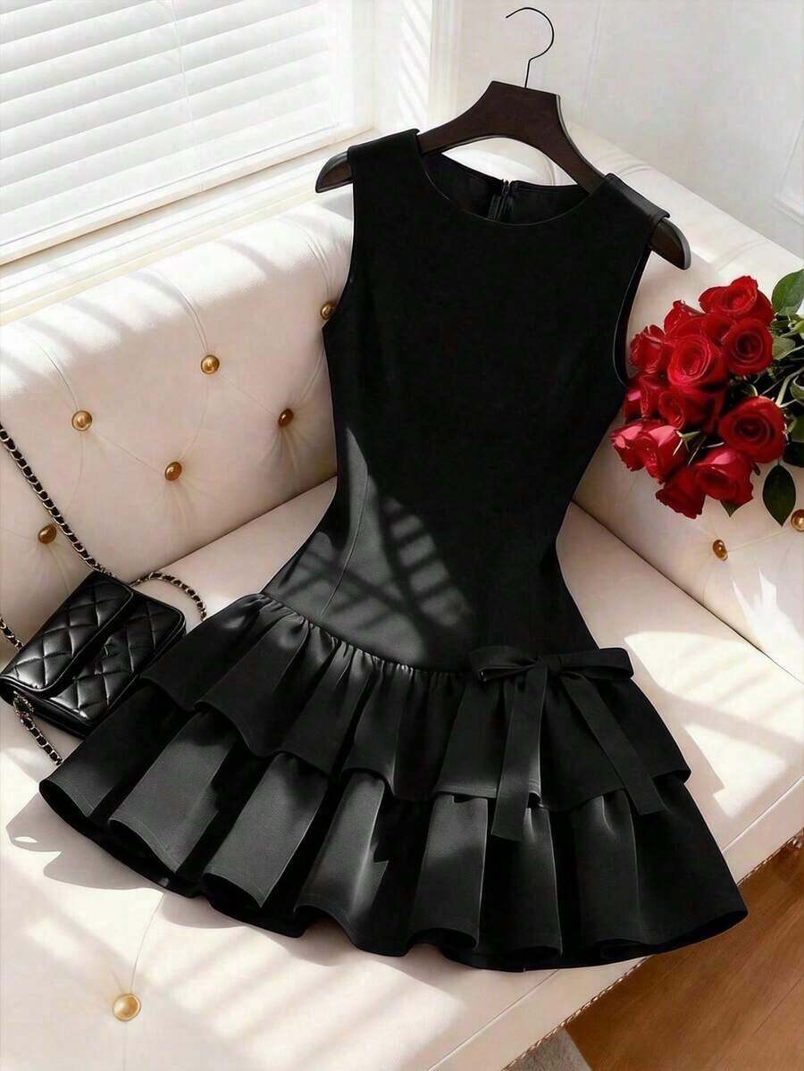 Vestido elegante sin mangas estilo francés, vestido mini con decoración de lazo rojo, adecuado para salidas diarias, citas, vacaciones - Negro - Ver 1