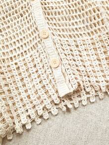 Bohemian Style V-Neck Plaid Hollow Out Ruffle Hem Cover Up - Summer Flare Sleeve Loose Sun Protection Shawl - Apricot - View 8
