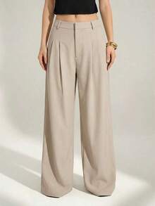 Tall Pantalones anchos de cintura alta plisados de estilo empresarial sexy y casual - Pantalones sueltos de unicolor elegante, ropa profesional de oficina, pantalones de trabajo con corte elegante para mujeres - Albaricoque - Ver 3