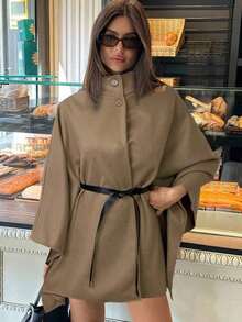 Abrigo de lana con cuello alto, mangas de murciélago, cintura ceñida para mujer en otoño/invierno - Camel - Ver 4