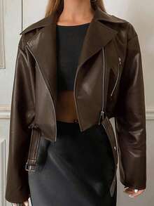 Chaqueta de motociclista de ajuste holgado para mujer, unicolor, ropa de otoño - Marrón - Ver 5