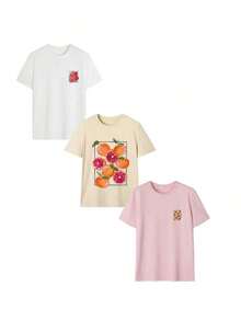 Set de 3 camisetas de manga corta con cuello redondo, de uso diario y casual, con estampado floral, simples y de moda para mujeres en verano - Blanco y albaricoque y rosa - Ver 2