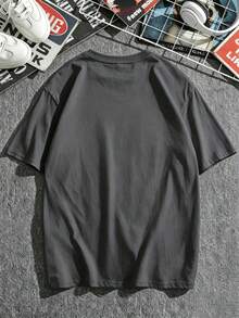 AnChiStreetwear - 大码男士极简字母印花短袖T恤，圆领，休闲风格，图案设计 - 深灰色 - 查看 3