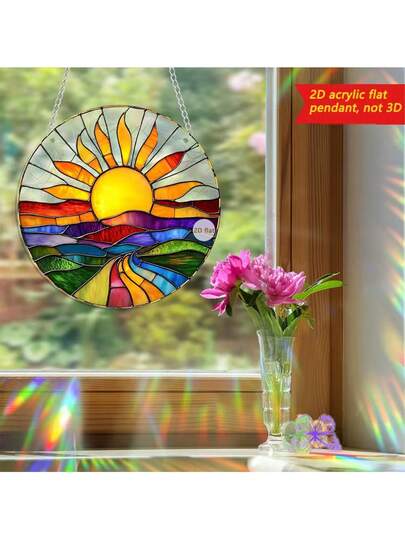 Painted Glass Sunset Landscape Hanging Decor, Sunflower Summer Garden Sunshine Rainbow Refraction Rainbow Catcher, Window Decoration