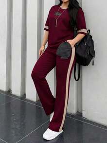 2 piezas Conjunto de camiseta de manga corta de cuello redondo y pantalones sueltos de cintura elástica para mujer, uso diario casual, negro, verano - Borgoña 63+ Albaricoque - Ver 4