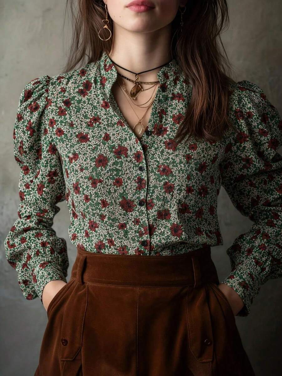 Blus Elegan Bergaya Retro Motif Bunga Kecil dengan Kancing Depan dan Lengan Kelopak untuk Liburan - Hijau - View 1