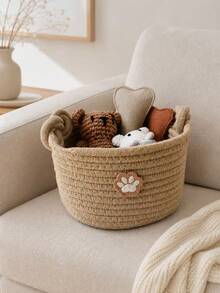 1pc Handmade Cotton Rope Woven Storage Basket, Minimalist Ins Style Khaki Round Basket With Handle, Comes With Cat Paw Sticker Decor, Foldable Storage Basket, Suitable For Storing Pet Supplies, Desktop Items, Cosmetics, Snacks, Bathroom Essentials - Multicolor - View 3