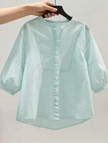 Summer Loose Women's Shirt, Short-Sleeved Maternity Shirt - 孔雀綠 - 查看 4