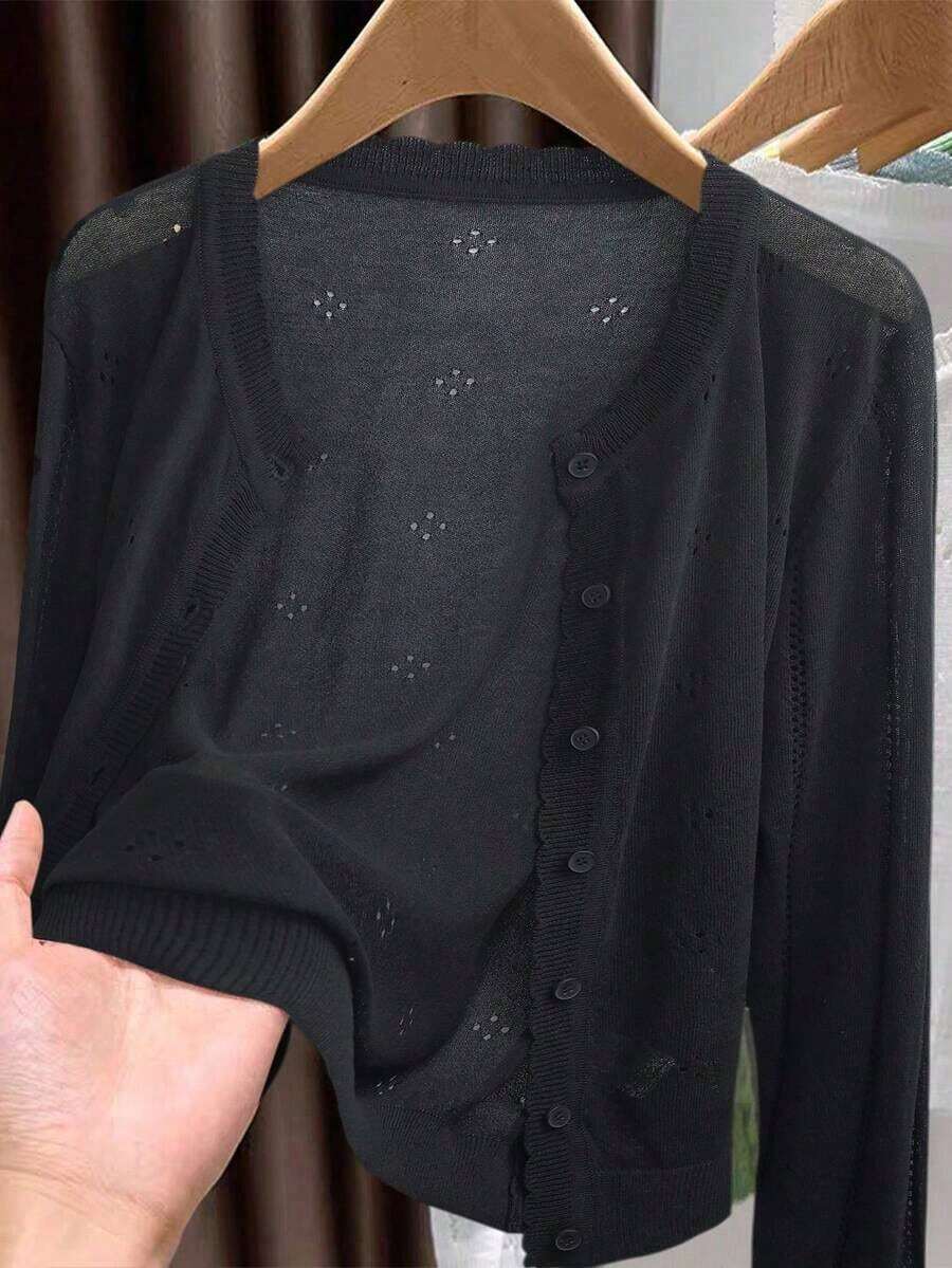 Cárdigan de punto ligero para mujer, de manga larga, informal y transpirable, para primavera/verano - Negro - Ver 1