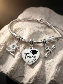 Personalized 2026 Graduation Charm Bracelet, Customized Name And Year Engraved Heart Pendant, Adjustable Snake Chain With Graduation Cap And Diploma Charms, Stainless Steel Jewelry, 2026 Class Graduation Gift For Daughter Friend, Unique Graduation Gift For Her, Back To School Gift - Multicolor - View 4