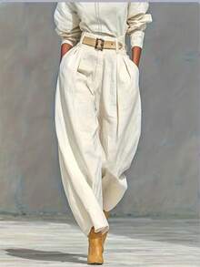 Women's Solid Color Pocket Zipper Pleated Casual Loose Pants (Belt Not Included) Spring - Light Apricot Color - View 10
