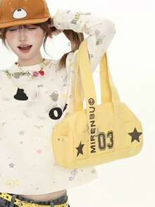 返校季小众设计可爱字母星形图案手提包，时尚通勤日常托特包，大容量女士腋下单肩包 - 黃色 - 查看 5