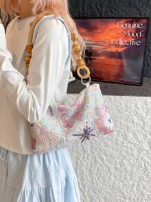 1pc Floral Sequin & Beaded Decor Woven Wooden Bracelet Handbag Retro Beach Style Women Zipper Shoulder Bag Suitable For Vacation Shopping Working - Multicolor - View 2