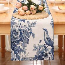 1pc Blue & White Porcelain Floral & Bird Pattern Elegant Retro Style Large Rectangular Table Runner, Home Decor Accessory Suitable For Family Gatherings, Indoor/Outdoor Spaces, Entryway, Coffee Table, Living Room Ambiance, Kitchen Dining, Holiday & Nature-Inspired Gifts - Multicolor - View 7