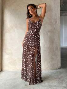 Conjunto de traje de baño de una pieza con escote halter y lunares asimétricos, talla grande falda larga para mujer - Marrón - Ver 12