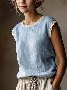 Camiseta de manga corta de mezcla de lino vintage para mujer, cuello redondo con encaje, corte holgado, transpirable, color blanco de verano. - Azul cielo - Ver 8
