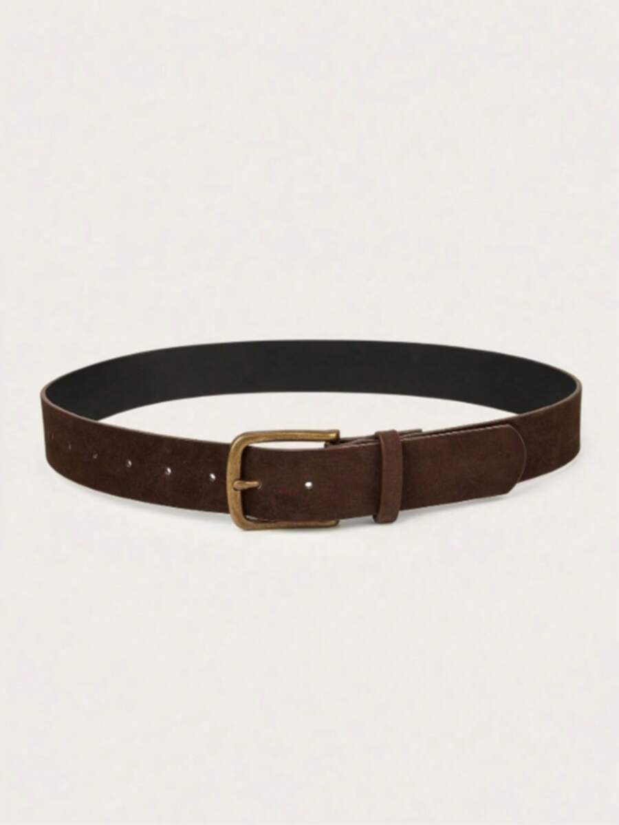 1pc Vintage Copper Square Buckle Velvet Wide Waist Belt, Suitable For Dresses And Coats - Coffee - View 1