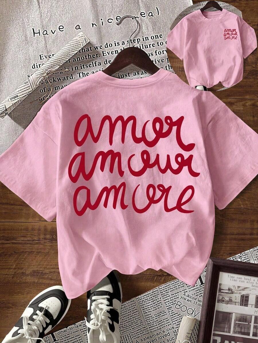 Women's Casual T-Shirt With Letter Print, Round Neck And Short Sleeve, Summer, Christmas - Baby Pink - View 1