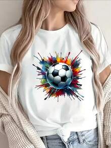 Oversized, Thin, Lightweight, And Durable Short-Sleeved T-Shirt With A Vibrant Football Design, Perfect For Casual Outings And An Ideal Choice For Sports Enthusiasts At Home Or Outdoors. - 白色 - 查看 6