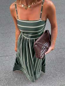Vestido sin mangas casual de uso diario con rayas para mujer - Verde - Ver 1