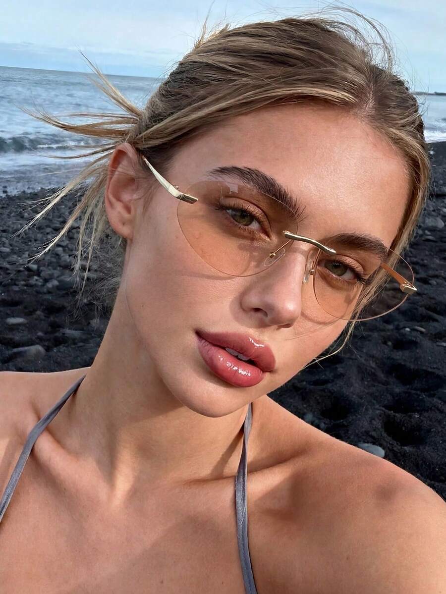 1 Pair Women's Rimless Retro Cat Eye Champagne Fashion Sunglasses, Suitable For Outdoor Travel, Tropical Beach Vacation, Music Festival Decoration - Champagne - View 1