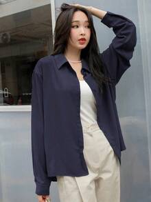 Camisa con botones y hombros caídos, blusa de manga larga para mujer en otoño - Azul marino - Ver 3