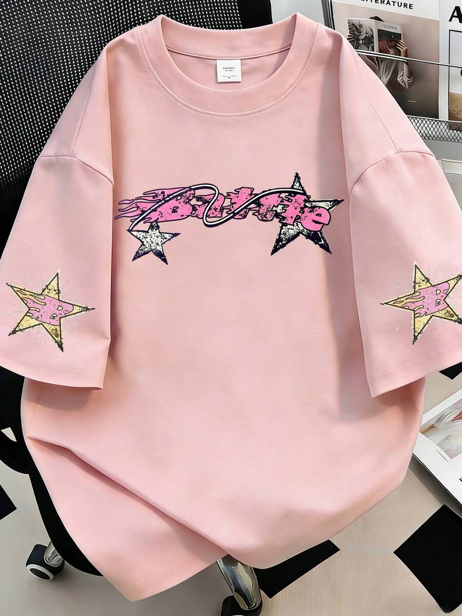 大尺碼女款休閒字母與星星印花圓領T恤,袖口花卉印花短袖上衣,適合日常穿著、海灘度假、外出、旅行、派對,夏季度假粉色女款 - 粉色 - 查看 1