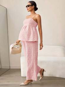 MaterniWear Set de 2 piezas de conjunto informal de camiseta de tirantes y pantalón de pierna ancha con estampado floral para maternidad - Rosa Pálido - Ver 4