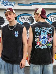 Disney Star Baby Stitch Series Water Wash Cotton Sleeveless Vest, Printed With Stitch Pattern On Both Sides, 230g Water Wash Pure Cotton Men's Sleeveless Vest, Men's Leisure Sports Vest, Summer Relaxed Leisure Sleeveless Top, Disneyland Travel, Everyday Wear, Street Style, Vacation, The Best Gift For Disney Lovers, Men And Women To Wear - 黑色 - 查看 2