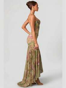 Women's Short Printed Strappy Dress - High Waist With Side Slit, Beachy Holiday Style - New Arrival Summer 2026 - 綠色 - 查看 6