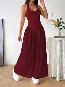 Vestido con escote en V profundo, estilo sexy halter, empalmado con pliegues en la cintura - Rojo - Ver 3